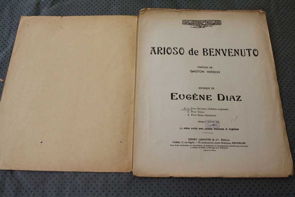 BENVENUTO OPERA -HIRSH- EUGENE DIAZ-N°5 ARIOSO PARTITION MUSICALE -MUSIQUE - Opéra