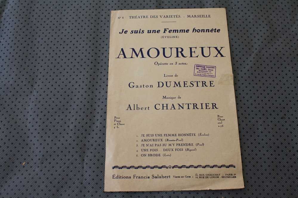 JE SUIS UNE FEMME HONNETE (EVELINE) AMOUREUX OPERETTE  -DUMESTRE * CHANTRIER- SALABERT PARTITION MUSICALE MUSIQUE - Opéra