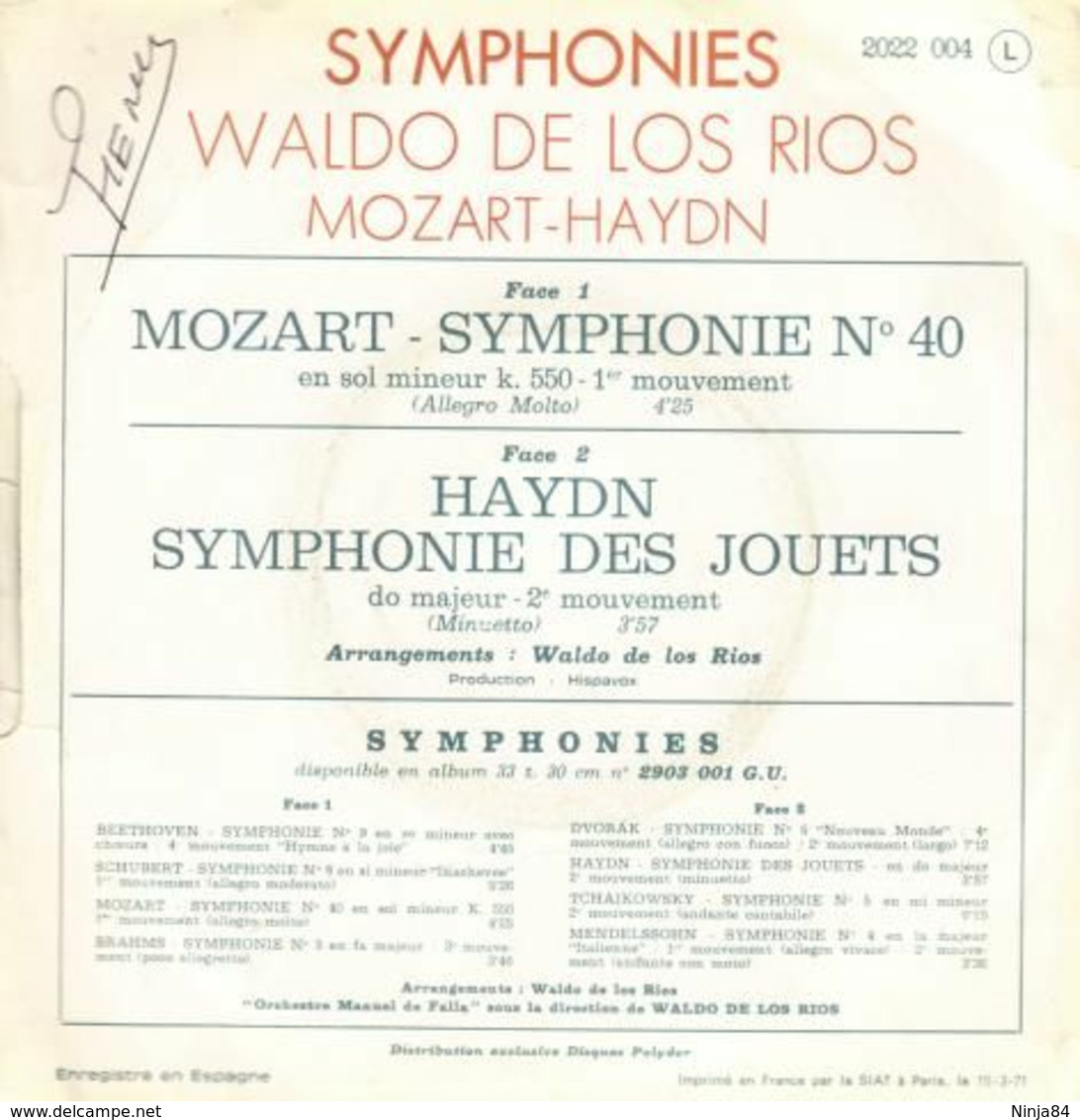 SP 45 RPM (7")  Waldo De Los Rios  "  Mozart Symphonie N° 40  " - Klassik