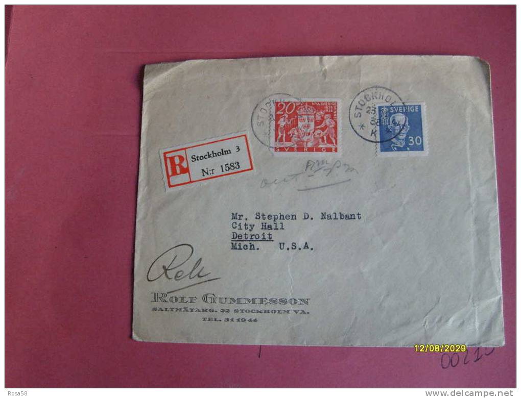 AIR Mail 1938 Registered Mail To U.S.A.da Stoccolma Stockholm Svezia Sverige A Detroit - Lettres & Documents