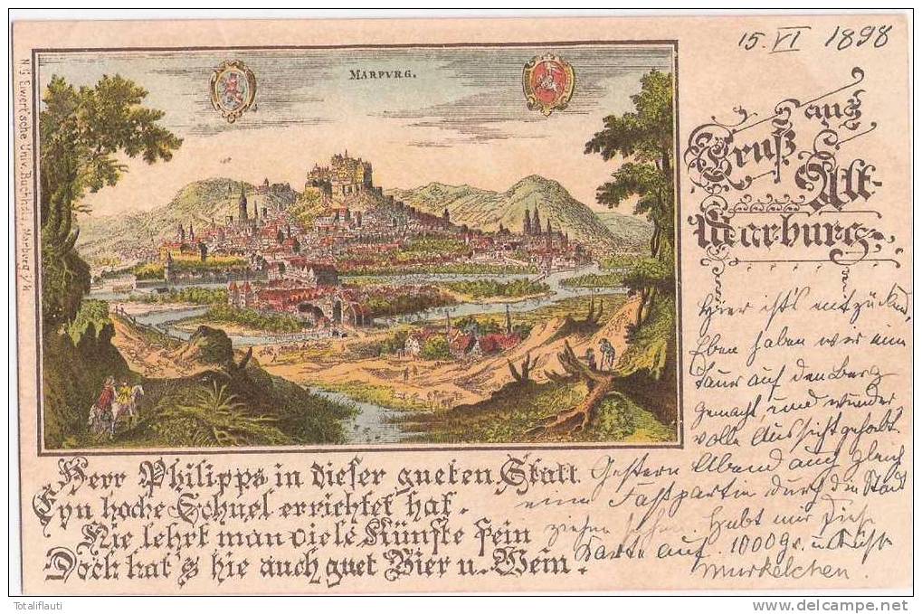 Marburg An Der Lahn Color Litho Nach Merian ? Spruch Universität 15.6.1898 Gelaufen Bier Und Wein - Marburg