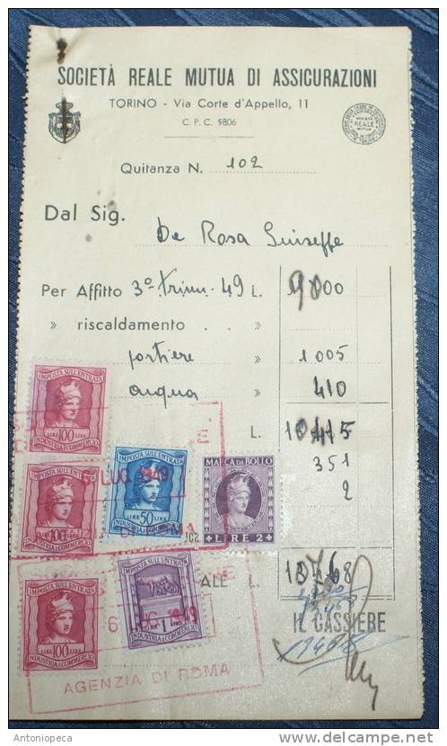 ITALY 1949 SPLENDID BLOCK IMPOSTA SULL'ENTRATA USED ON DOCUMENT - Revenue Stamps