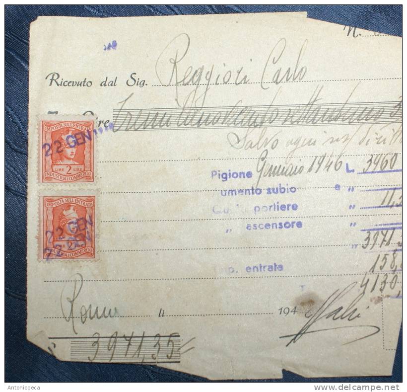 ITALY 1946 SPLENDID BLOCK IMPOSTA SULL'ENTRATA USED ON DOCUMENT - Revenue Stamps