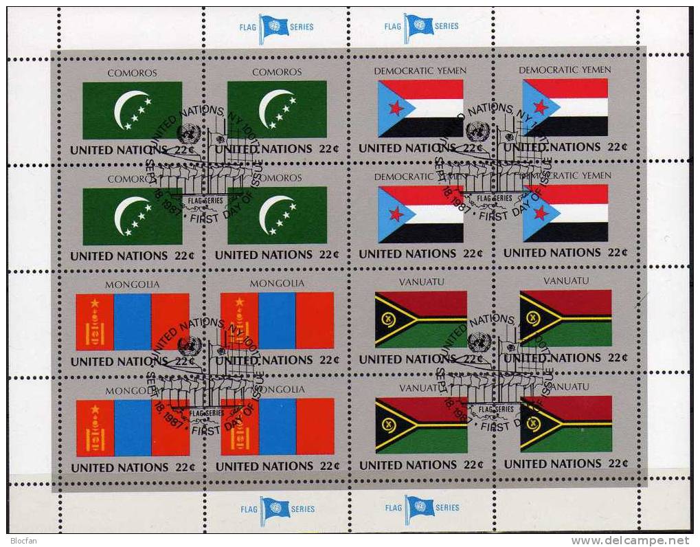 Vanuatu Flaggen VIII 1987 UNO New York 527,4-Block+Kleinbogen O 16€ COMOROS, MONGOLIA VANUATU YEMEN Flag Sheetlet Bf UN - Andere & Zonder Classificatie