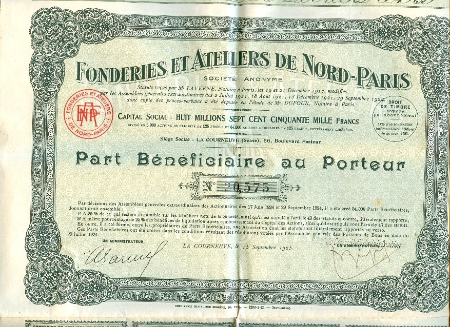 FONDERIES ET ATELIERS DE NORD-PARIS (1925), Part Bénéficiaire Au Porteur, 32 Coupons, La Courneuve (Siége Social) - Industrie