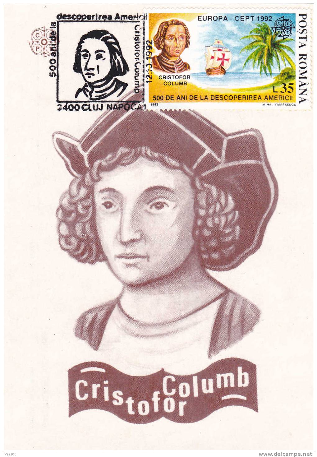 CRISTOFOR COLUMB EXPLORER, DISCOVERY-AMERICA  MAXIMUM CARD,CEPT 1992 - Romania. - Explorers