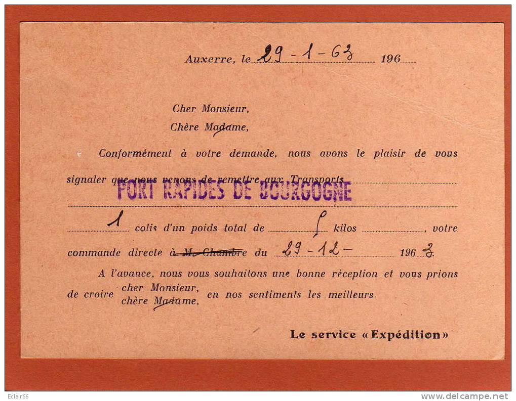 89   AUXERRE Document    (Bon De Transport) Service Expédition    DesTransports( PORT RAPIDE DE BOURGOGNE) - Imprimerie & Papeterie