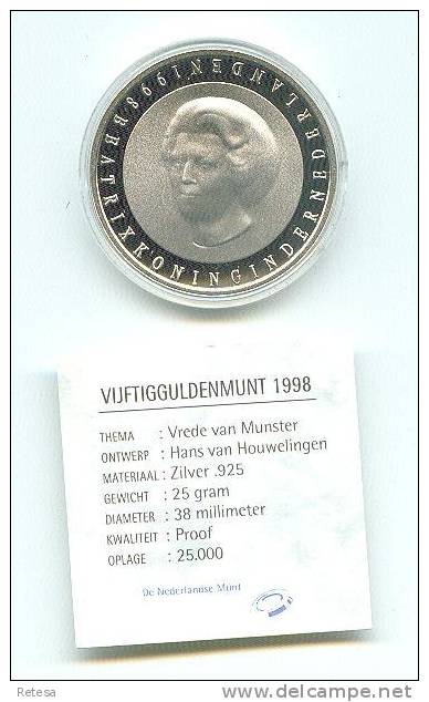 NEDERLAND 50 GULDEN  ZILVER  PROOF 1998 VREDE VAN MUNSTER IN ORIGINELE DOOS - Zilveren En Gouden Munten