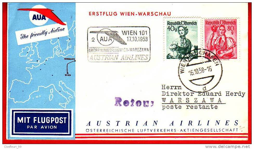 Erstflug Wien-Warschau 17.10.1953 Austrian Airles / Mit Ankunfstempel - Erst- U. Sonderflugbriefe