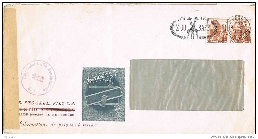 Carta BASEL (Suiza)  1949. Zoo Basel. Jirafa. Censura - Girafes