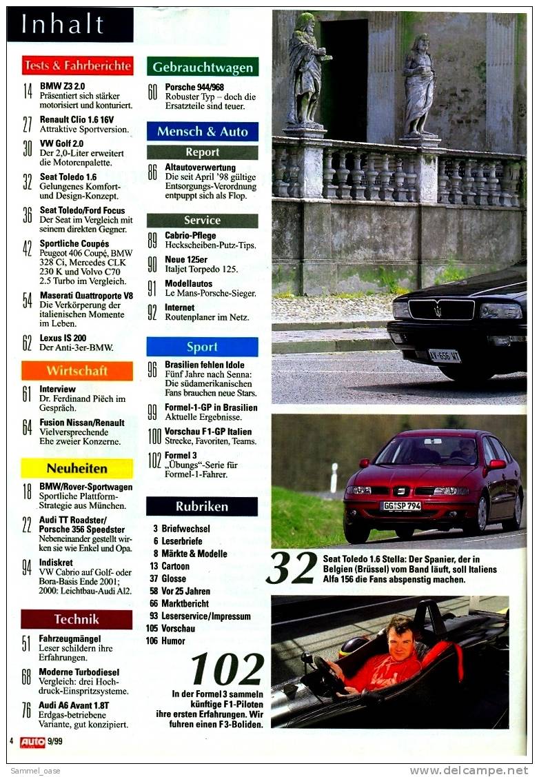 Auto  Zeitung  9/1999  Mit :  Test / Fahrberichte :  Seat Toledo 1.6  -  VW Golf 2.0  -  BMW Z3 2.0  Usw. - Auto En Transport