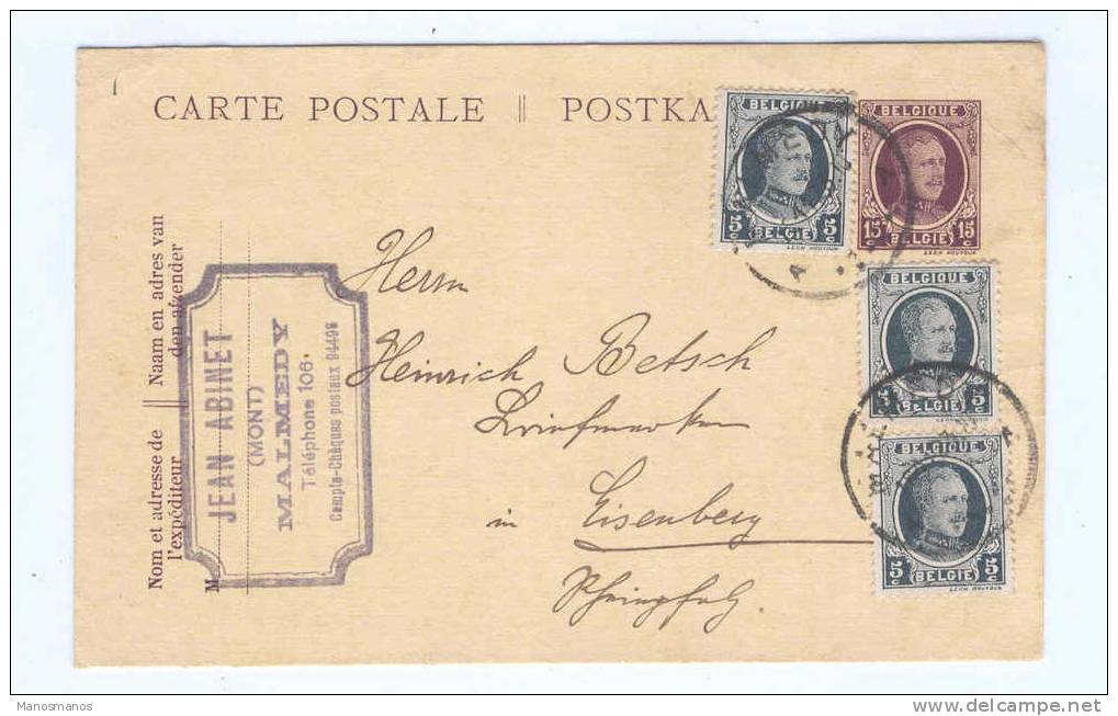 983/15 - CANTONS DE L´EST BELGES - Entier Postal Houyoux MALMEDY 1923 Vers Allemagne - OC38/54 Belgische Besetzung In Deutschland