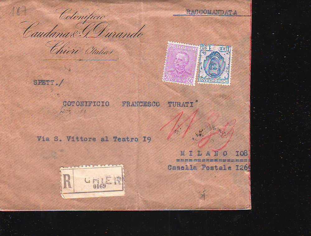 D187 Busta Cover Raccomandata 1929 Italia Floreale Regno Chieri-milano - Versichert