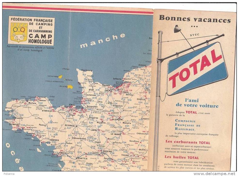 B0233 Cartina CAMPING En FRANCE - Federation Francaise De Camping Et De Caravan 1959/Carburants TOTAL - Toerisme, Reizen