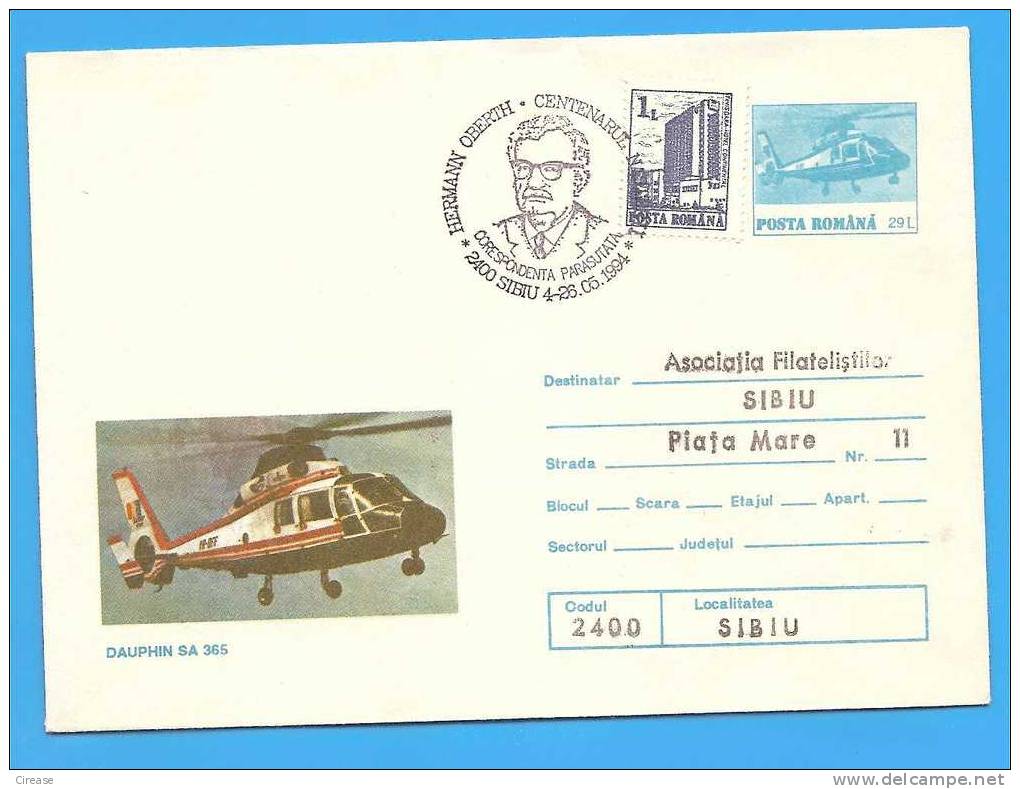 Helicopter Dauphin SA 365 ROMANIA  Stationery Cover 1993. - Helikopters