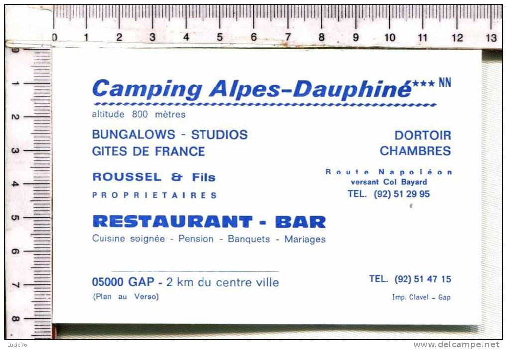 Mignonnette  Publicitaire  -  CAMPING  " ALPES DAUPHINE "  -  Restaurant  Bar  -  GAP - Placas De Cartón