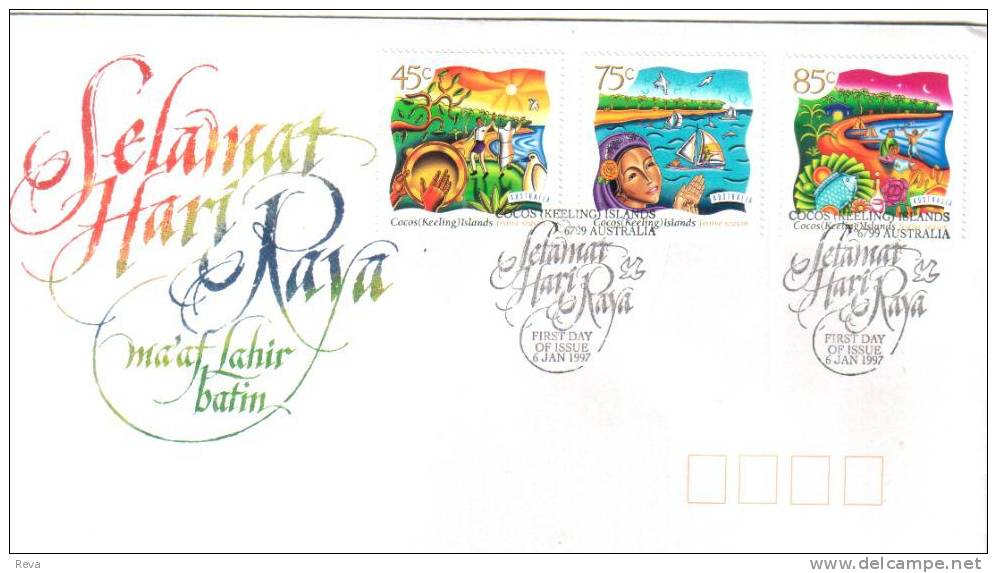 COCOS ISLANDS FDC SALAMAT HARI WOMAN BOAT SET OF 3 STAMPS DATED 06-01-1997 CTO SG? READ DESCRIPTION !! - Cocos (Keeling) Islands