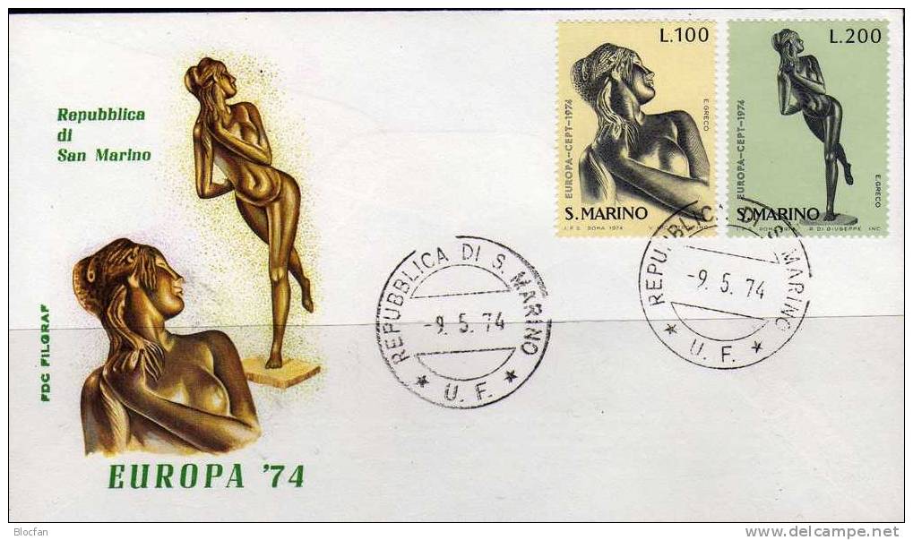 Europa-Ausgabe 1974 San Marino 1067/8+ FDC O 3€ Gemeinschafts-Set CEPT Skulpturen Frauen Akt Greco Art Cover Of EUROPE - Lettres & Documents