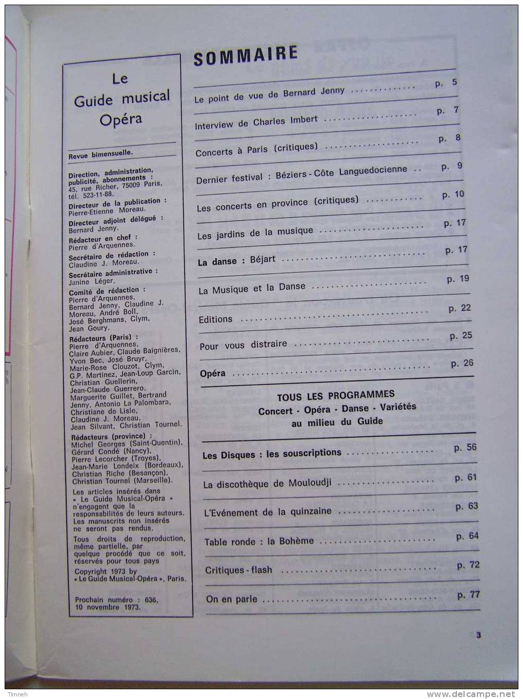 N°635.octobre 1973-LE GUIDE MUSICAL Opéra-la Révolution Française La Bohême-concert Disque Danse Son édition- - Muziek