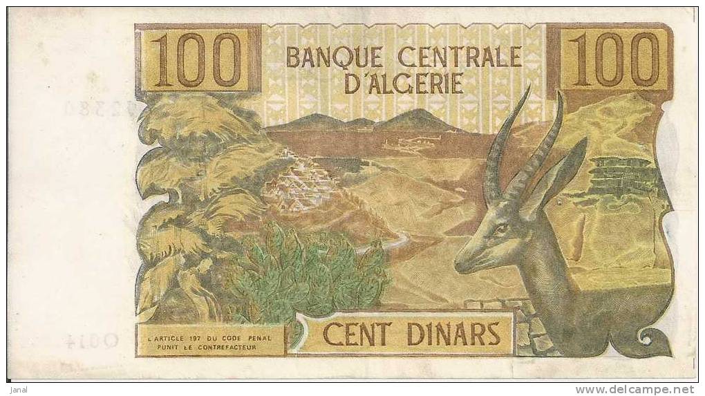 - ALGERIE - BILLETS -  1970 - 100 - CENT DINARS - N° Q14 - 02380 - Algerije