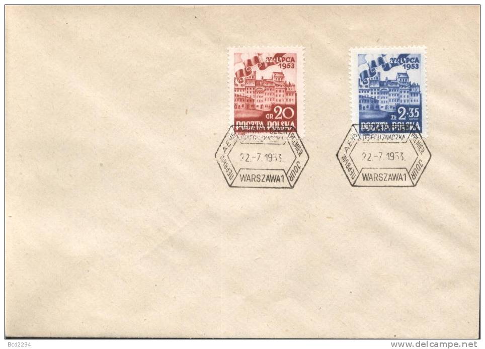 POLAND FDC 1953 22ND JULY NATIONAL DAY SET OF 2 Architecture Warsaw Old Town Buildings Flags Banners - FDC