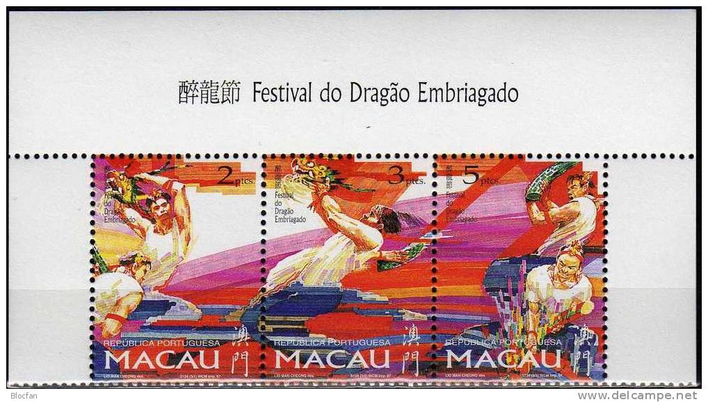 Drachenfestival 1997 MACAU 913/15,ZD+mini Sheet ** 43€ Drachenfest Mit Tänzer Und Bändern Fahnen Feuerwerk Bloc Bf Macao - Collections, Lots & Series
