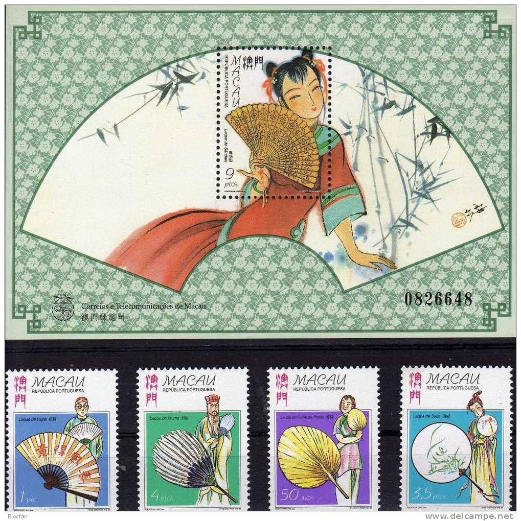 Chinesische Fächer 1997 Macau 932/5,ZD+Block 48 ** 11€ Sandelholzfächer Volkskunst Kostüme Tanz Bloc Art Sheet Bf Macao - Collections, Lots & Séries