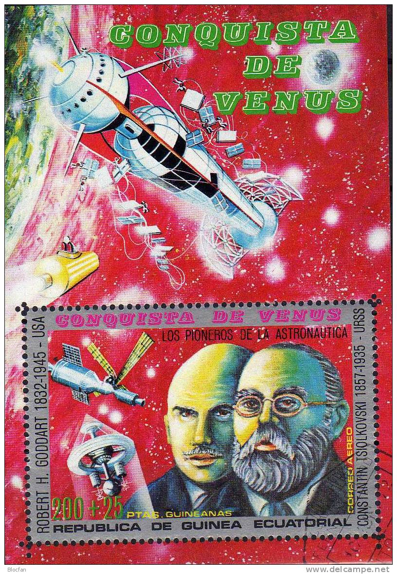 Raumfahrt Zur Venus 1973 Äquatorial Guinea 224A/B, Block 52+ 53 O 5€ R.Goddart, K. Ziolkowski, W. Von Braun, S. Korolev - Physics