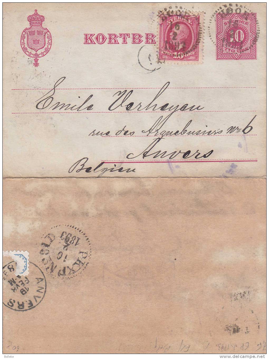 Suède - Entier Postal De 1893 - Expédié Vers La Belgique - Briefe U. Dokumente