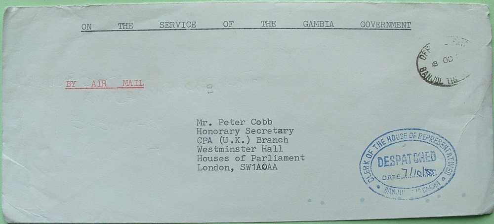 Gambia 1985 Official Cover To England UK - House Of Representatives Cancel - Gambia (1965-...)