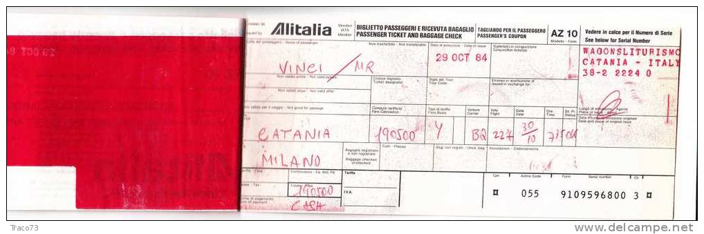 CATANIA  /  MILANO  - Biglietto Aereo " ALITALIA "  - 29  Ottobre 1984 - Europe