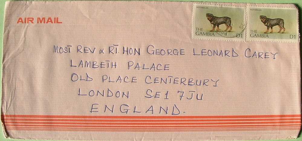 Gambia 2000 Cover To England UK -  Rottweiler Dog - Gambia (1965-...)