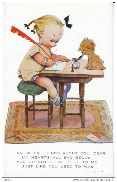 Child Writes Sad Romance Letter, Dog,  Mabel Lucie Attwell Artist Signed C1920s Vintage Postcard - Attwell, M. L.