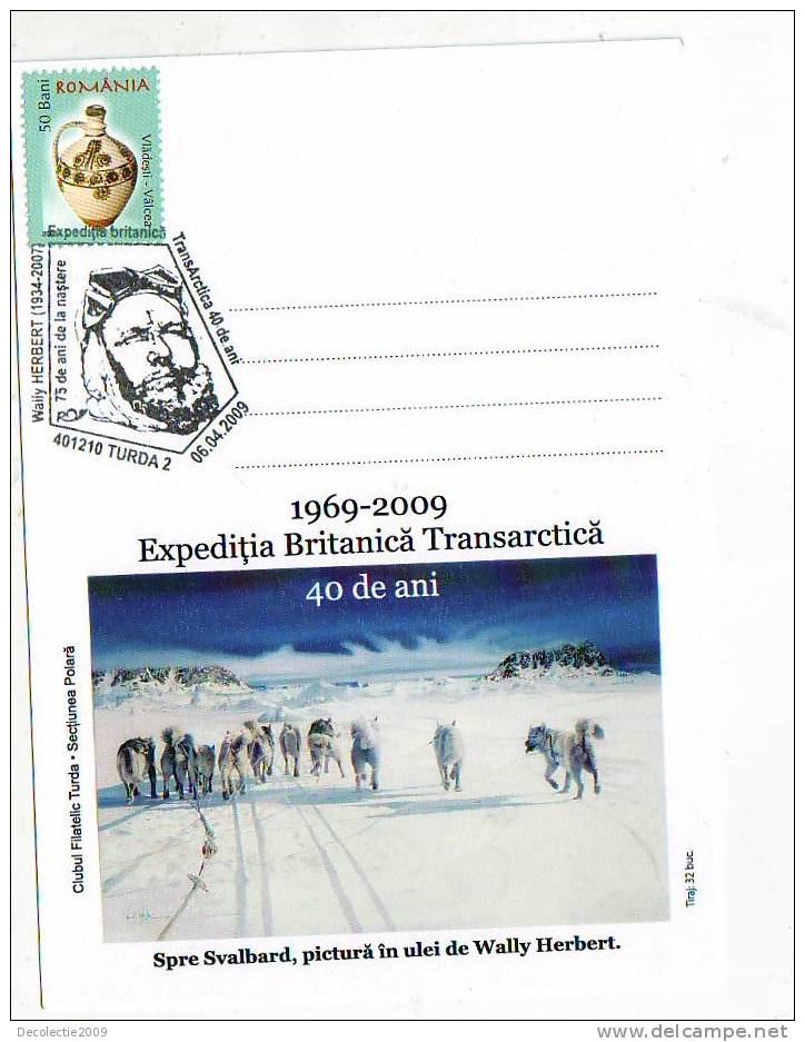 M792 Postal Card Romania Explorateurs Wally Herbert Artic Svalbard Dogs Chiens Perfect Shape - Exploradores