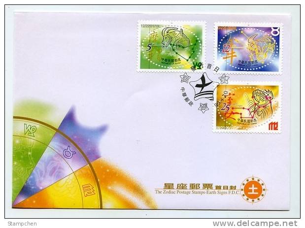 FDC Taiwan 2001 12 Zodiac Stamps 4-2 Earth Signs Capricorn Taurus Virgo - FDC