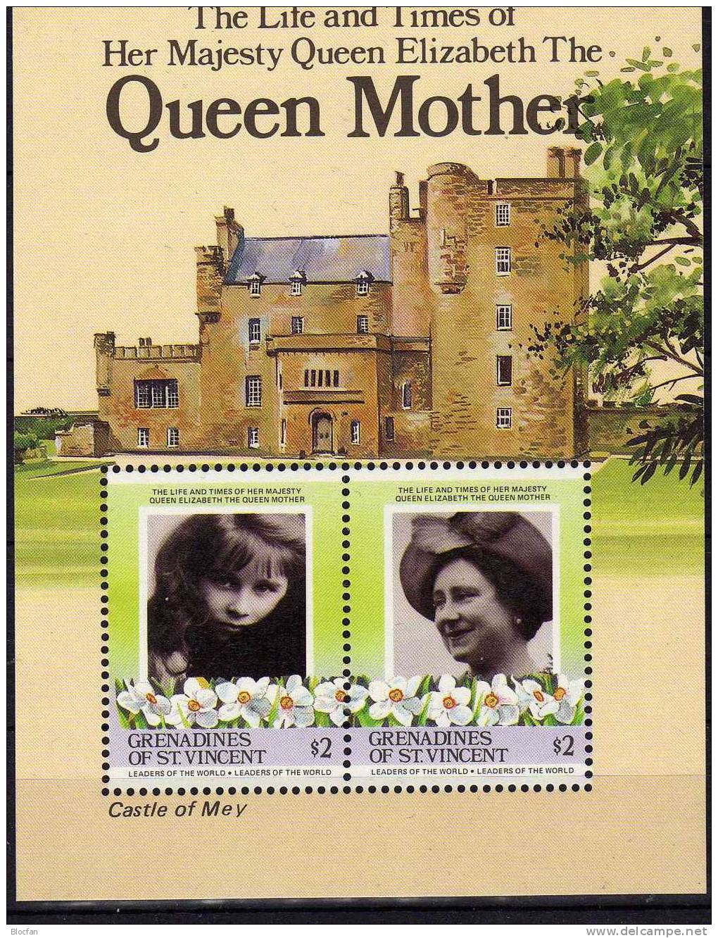 Queen Mother 1985 Grenadinen 421/2,ZD+Block 12 ** 16€ Als Mädchen Am 85.Geburtstag Mit Hut Queen Se-tenant Of St.Vincent - Mother's Day