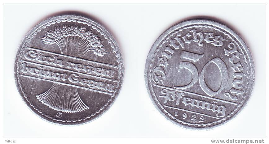 Germany 50 Pfennig 1922 E - 50 Rentenpfennig & 50 Reichspfennig