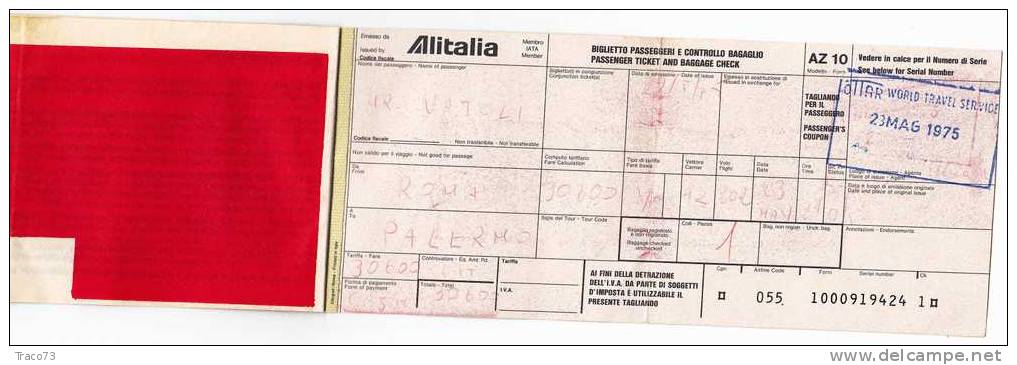 ROMA  /  Palermo  - Biglietto Aereo " ALITALIA "  - 23  Maggio 1975 - Europa