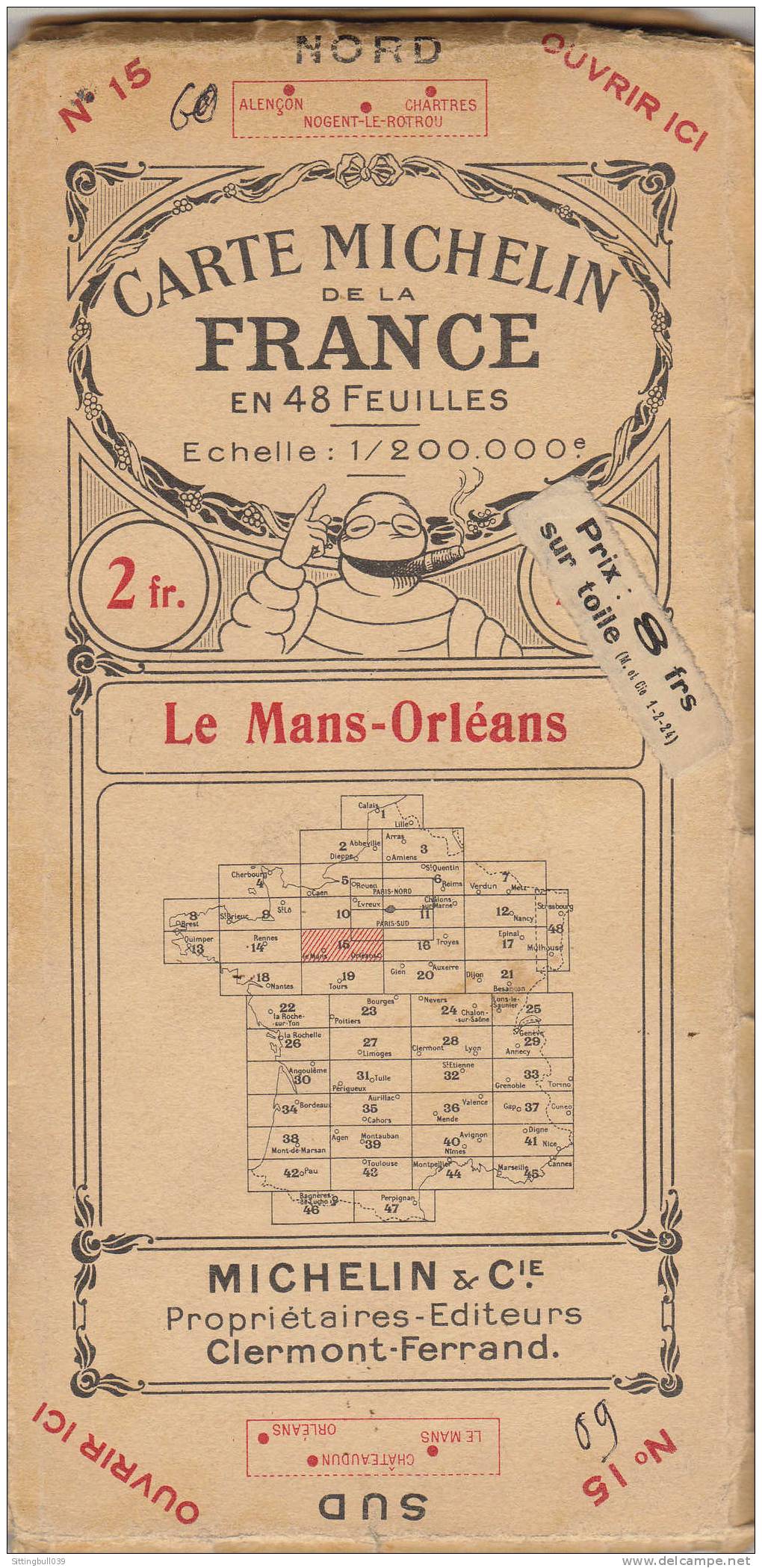 CARTE MICHELIN De LA FRANCE. N° 15. Le Mans-Orléans. Toilée. 1ère Série. Verso, Bibendum En Couleurs. Av. 1925 - Roadmaps