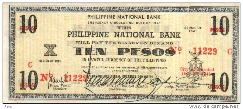 PHILIPPINES 10 PESOS BLACK  MOTIF FRONT & BACK  NEGROS OCCIDENTAL DATED 30.12. 1941 AUNC PS.619 READ DESCRIPTION !! - Filippijnen