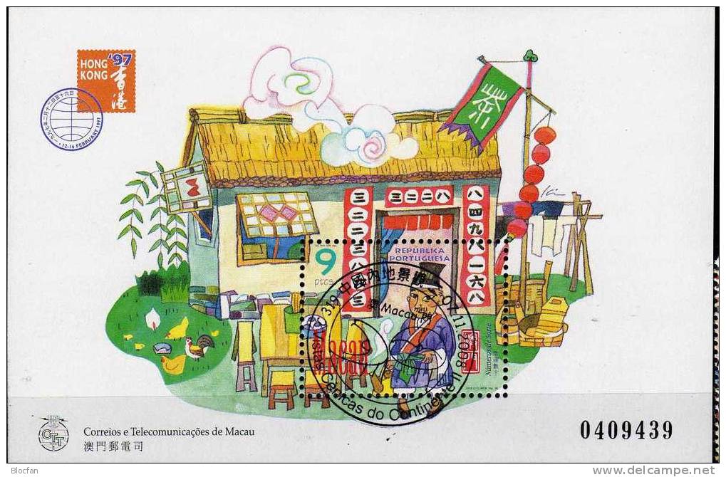 BMA Hong Kong 1997 MACAU Macao 898 Plus Block 42 O 14€ Chinesische Glückszahlen Verkäufer Mit Zahlen Am Eingang - Collezioni & Lotti