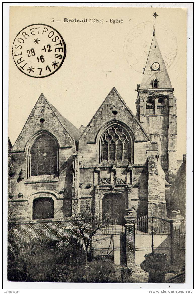 Q20 - BRETEUIL - église   (oblitération Militaire TRESOR Et POSTES 71 De 1916) - Breteuil