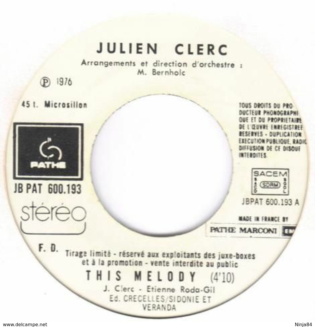 SP 45 RPM (7")  Julien Clerc  "  This Melody  "  Juke-box  Promo - Collector's Editions