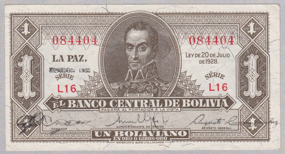 BOLIVIA 1 BOLIVIANO Emision 1951 SERIAL L16 Rare P 128b 128 B - Bolivia