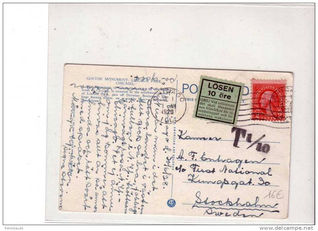 SUEDE - 1928 - CARTE POSTALE De CHICAGO (USA) Pour STOCKHOLM - TAXE 10 Ore - Covers & Documents