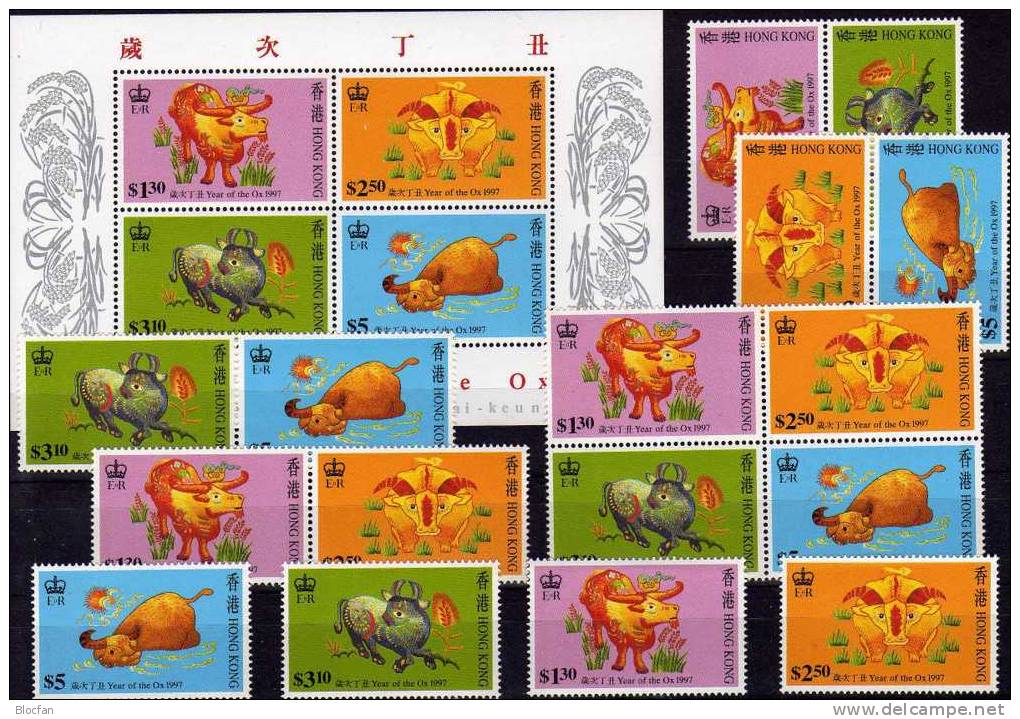 Variationen Jahr Des Ochsen 1997 Hongkong 785/8,5xZD+Block 45 ** 20€ Chinesische Neujahr Stickerei Art Bloc Bf HONG KONG - Collections, Lots & Series