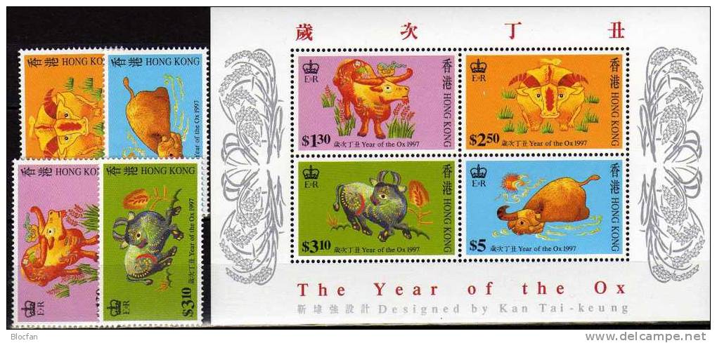 Variationen Jahr des Ochsen 1997 Hongkong 785/8,5xZD+Block 45 ** 20€ Chinesische Neujahr Stickerei art bloc bf HONG KONG