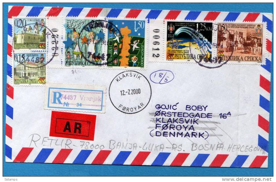 U-P2  BOSNIA SERBA 2000 EUROPA CEPT  SERBISCHE REPUBLIK RRR CHILDREN RECCO LETTER AR- BANJA LUKA-KLAKSVIK FEROE  RETUR - 2000