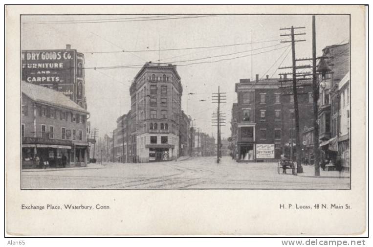 Exchange Place, Waterbury CT Connecticut, Early Street Scene, On 1900s Vintage Postcard - Waterbury