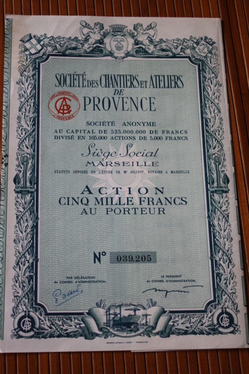 SOCIETE DES CHANTIERS ET ATELIERS DE PROVENCE  5000 FRANCS  SIEGE A MARSEILLE   FRANCE  ACTION  TITRE => SCRIPOPHILIE - Navy